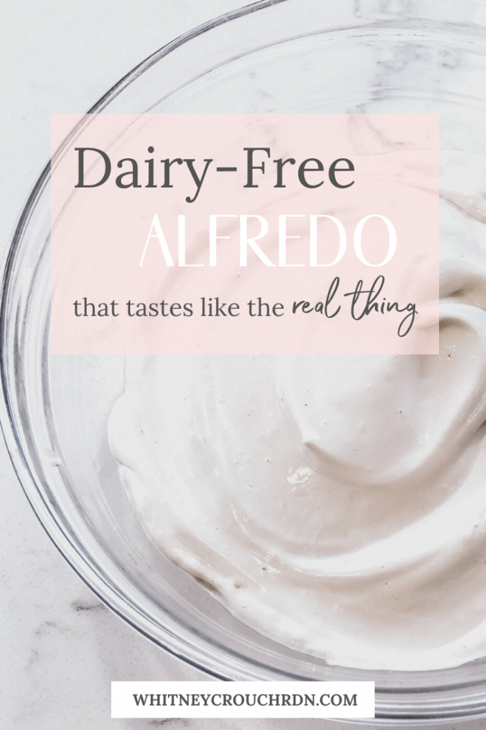this is an image of a bowl of alfredo sauce with the words dairy-free alfredo that tastes like the real thing
